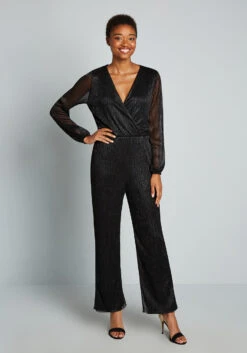 Vintage-Inspired Shimmering Black Metallic Jumpsuit – Surplice Neckline with Flutter Flare Leg -ModCloth 0e2931ff63bcc0e31c9959e00f392764
