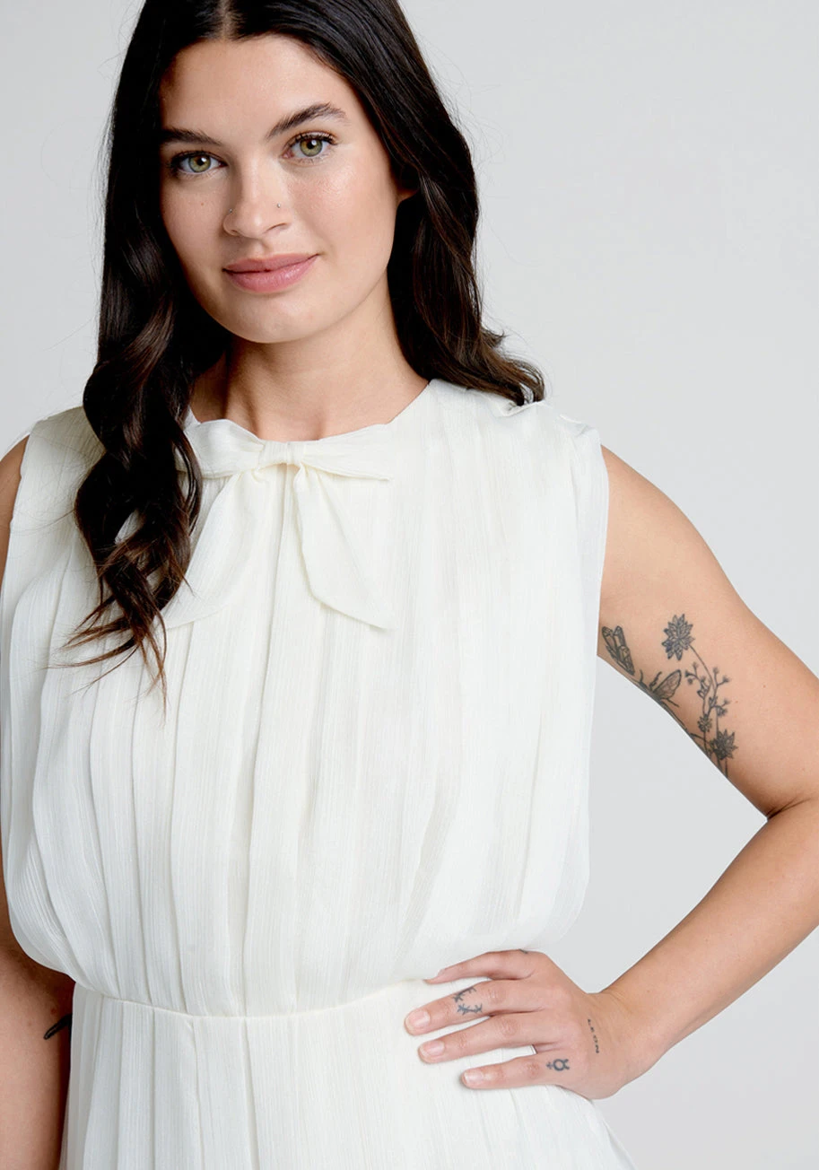 ModCloth Ivory Pleated Recycled Chiffon Mini Dress with Neck-Bow Detail 6 ModCloth Ivory Pleated Recycled Chiffon Mini Dress with Neck-Bow Detail - Image 4