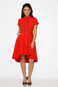Red Jacquard Battalion Swing Dress -ModCloth 10276 Red Jacquard HiLo Dress 3