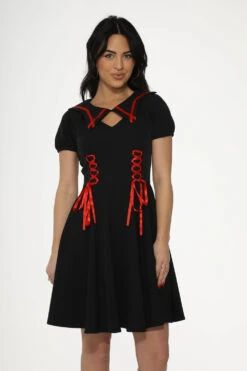 Orchid Bloom Black & Red Trim Gothic Swing Dress – Vintage Style Midi Dress with Pockets -ModCloth 10480 Black Red Trim Gothic Dress 27