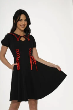 Orchid Bloom Black & Red Trim Gothic Swing Dress – Vintage Style Midi Dress with Pockets -ModCloth 10480 Black Red Trim Gothic Dress 30