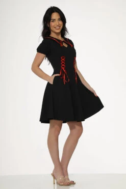 Orchid Bloom Black & Red Trim Gothic Swing Dress – Vintage Style Midi Dress with Pockets -ModCloth 10480 Black Red Trim Gothic Dress 9