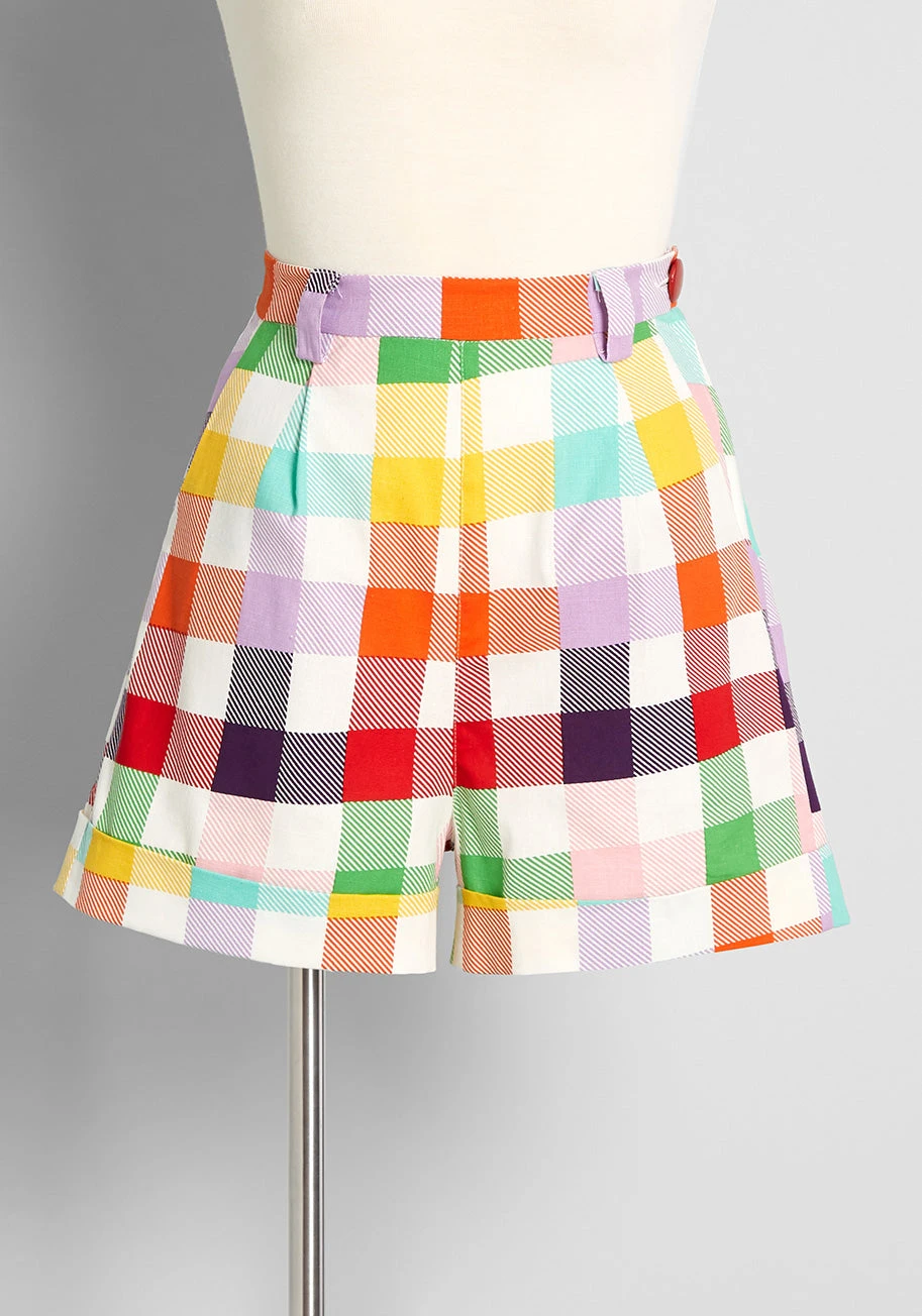 Collectif Rainbow Gingham High-Waisted Shorts – Vintage Picnic Party Style with Foldover Cuffs 4 Collectif Rainbow Gingham High-Waisted Shorts – Vintage Picnic Party Style with Foldover Cuffs - Image 2