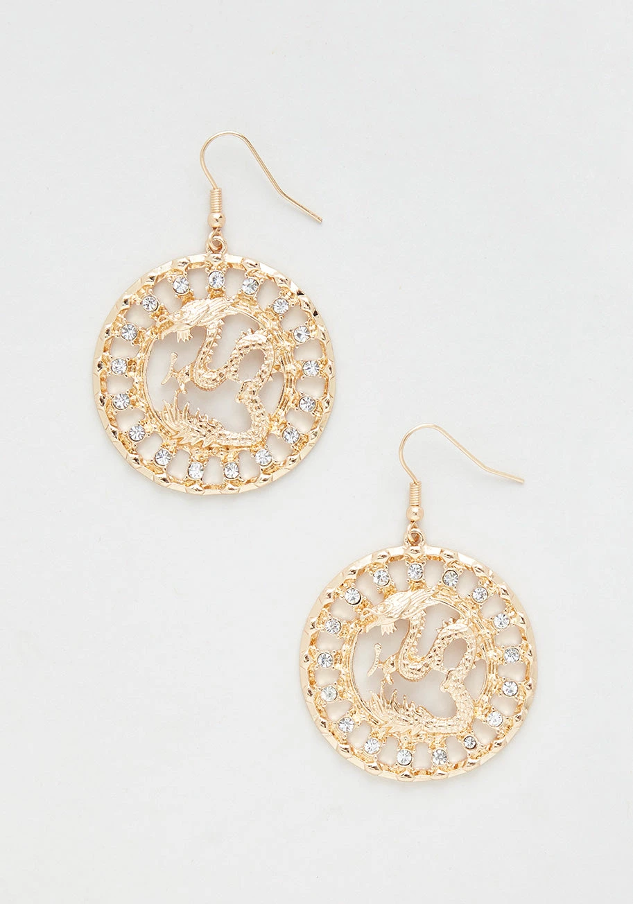 No Brand Gold-Toned Dragon Spirit Dangle Earrings - Vintage Disc with White Gemstone Accents 3 No Brand Gold-Toned Dragon Spirit Dangle Earrings - Vintage Disc with White Gemstone Accents