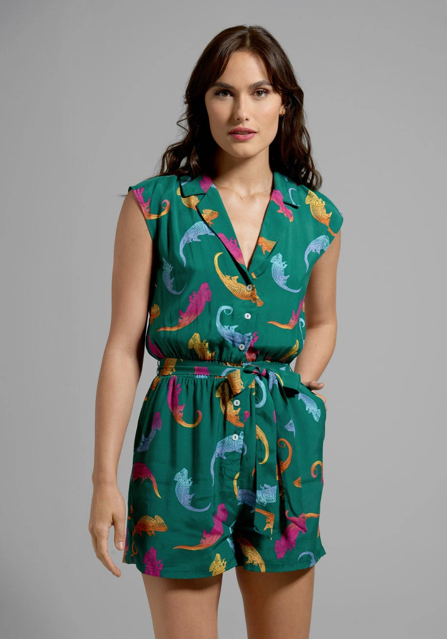ModCloth Read It And Steep Teal Romper – Rainbow Chameleon Print Pin-Up Style One-Piece 3 ModCloth Read It And Steep Teal Romper – Rainbow Chameleon Print Pin-Up Style One-Piece
