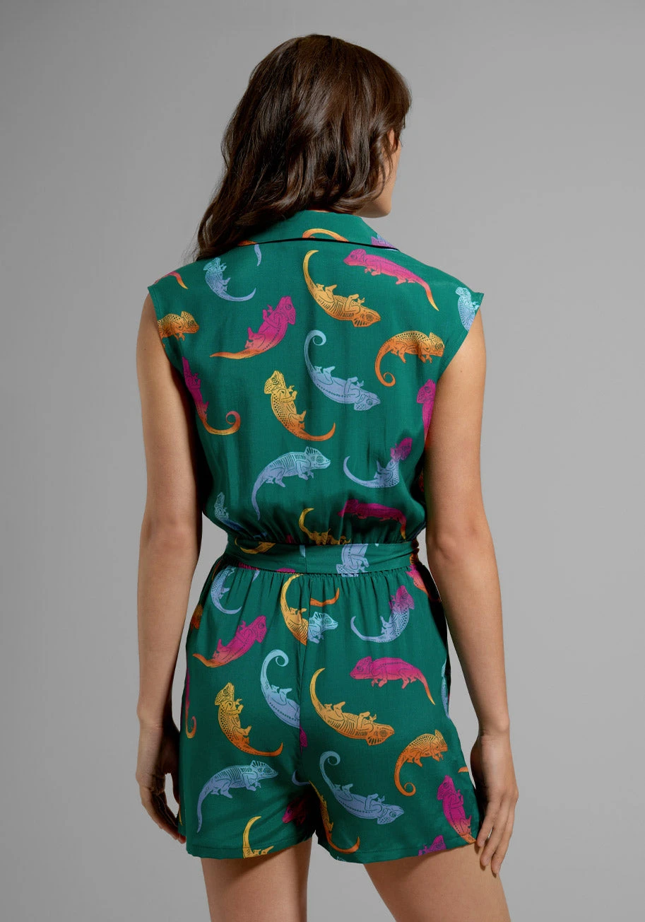 ModCloth Read It And Steep Teal Romper – Rainbow Chameleon Print Pin-Up Style One-Piece 6 ModCloth Read It And Steep Teal Romper – Rainbow Chameleon Print Pin-Up Style One-Piece - Image 4