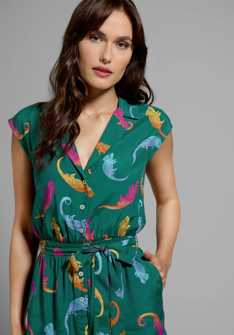 ModCloth Read It And Steep Teal Romper – Rainbow Chameleon Print Pin-Up Style One-Piece 4 ModCloth Read It And Steep Teal Romper – Rainbow Chameleon Print Pin-Up Style One-Piece - Image 2