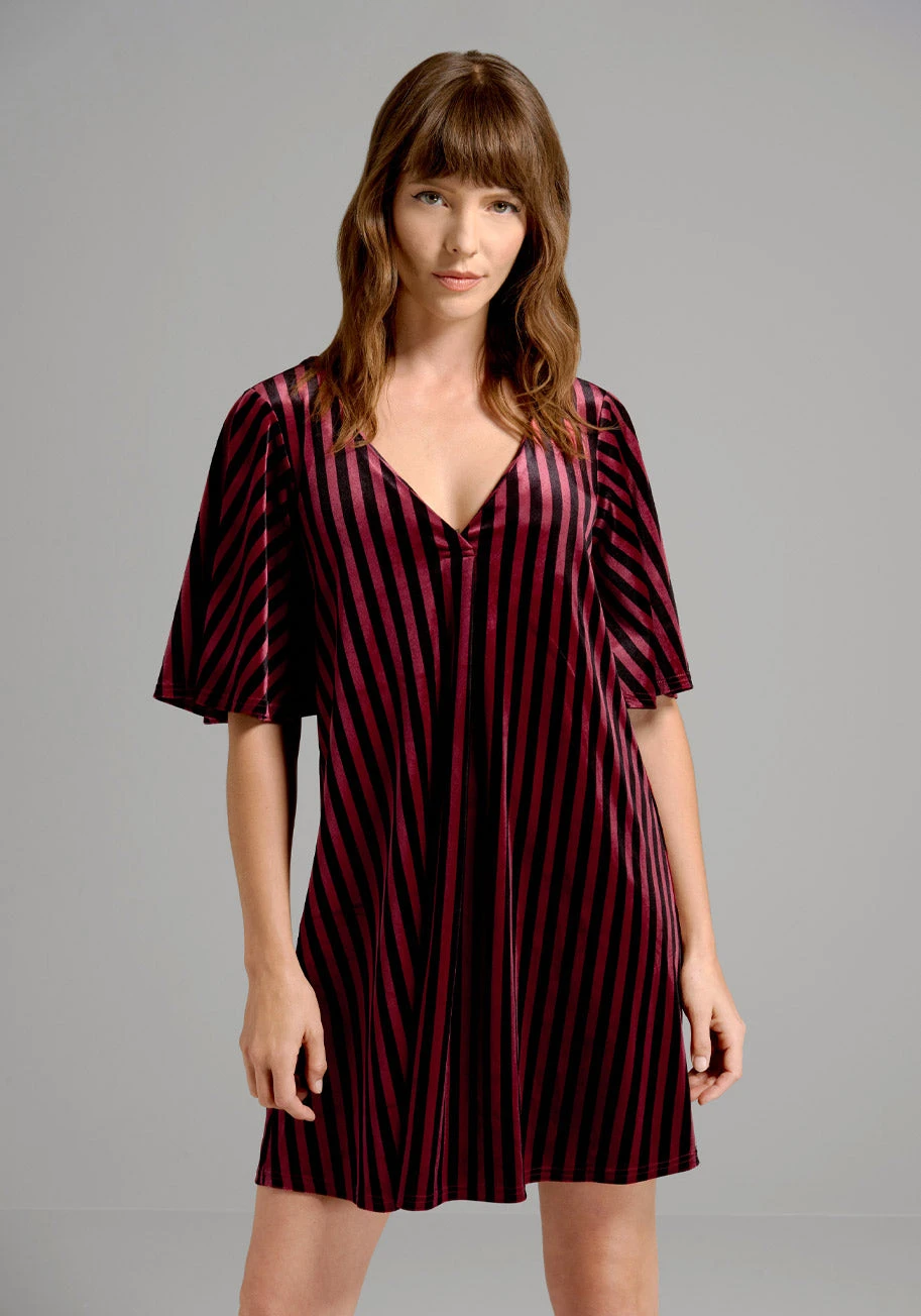ModCloth Conjuring Magic Burgundy and Black Striped Velvet Swing Dress – Retro Gothic Babydoll Mini 3 ModCloth Conjuring Magic Burgundy and Black Striped Velvet Swing Dress – Retro Gothic Babydoll Mini