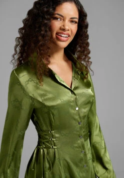 Dangerfield Chained To Fate Olive Green Barbed Chainlink Satin Mini Shirt Dress -ModCloth 20005131 3