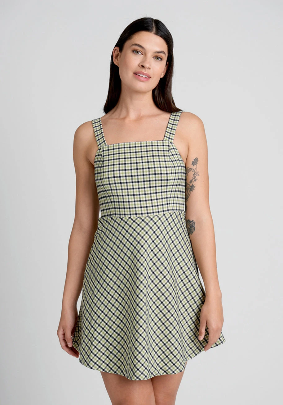 Princess Highway Green and Black Plaid - Square Neck Pinafore Mini Dress 3 Princess Highway Green and Black Plaid - Square Neck Pinafore Mini Dress