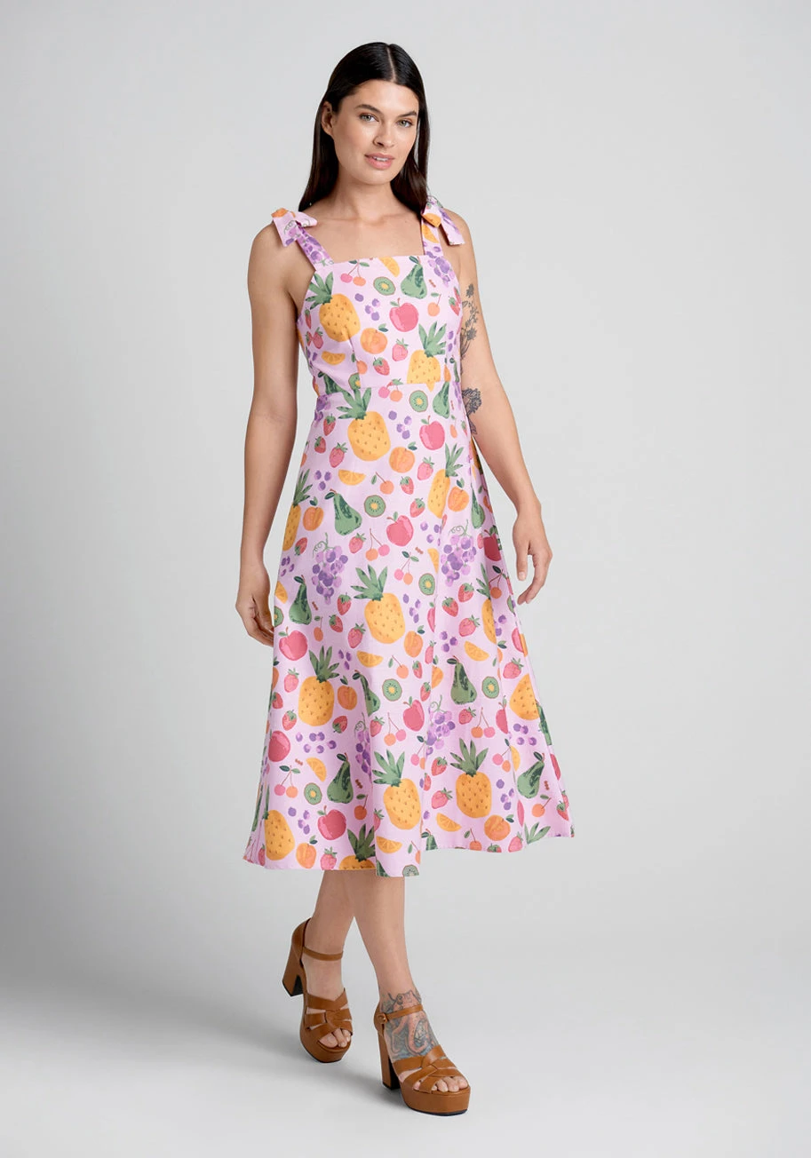 Princess Highway Fresh Squeeze Baby Pink Fruit Print - Linen-Blend Tie-Strap A-Line Midi Dress 3 Princess Highway Fresh Squeeze Baby Pink Fruit Print - Linen-Blend Tie-Strap A-Line Midi Dress