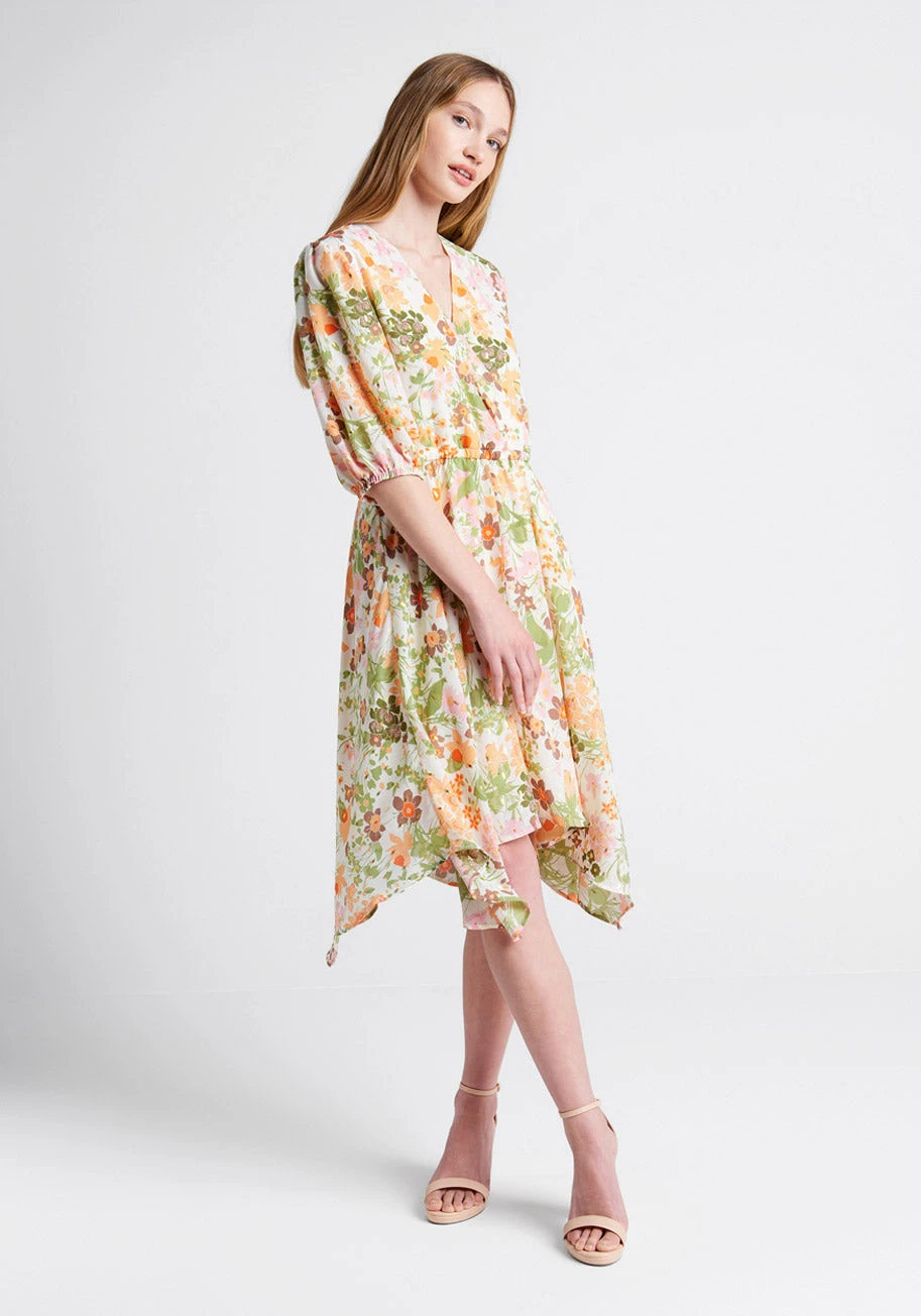 Parker and Rowe Through Fields Of Gold Blush Floral Handkerchief Hem Midi Dress 2 Parker and Rowe Through Fields Of Gold Blush Floral Handkerchief Hem Midi Dress