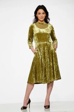 Orchid Bloom Emerald Green Diamond Textured Velvet Swing Dress – Vintage Style Midi with Pockets -ModCloth 20113 Green Diamond Velvet Dress 1