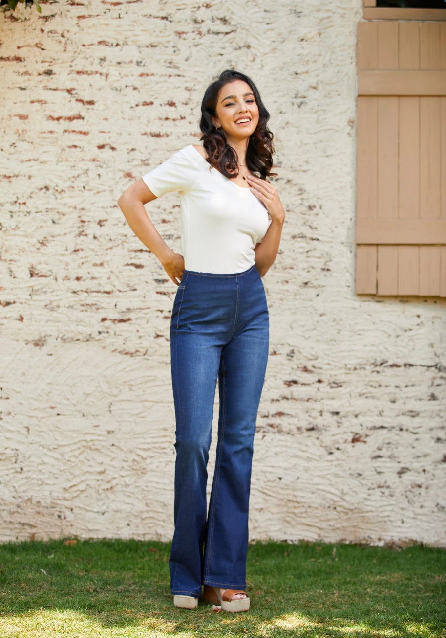 High Rise Pull On Bootcut Denim in Dark Indigo – Stretchy Comfort High-Waisted Flare 4 High Rise Pull On Bootcut Denim in Dark Indigo – Stretchy Comfort High-Waisted Flare - Image 2