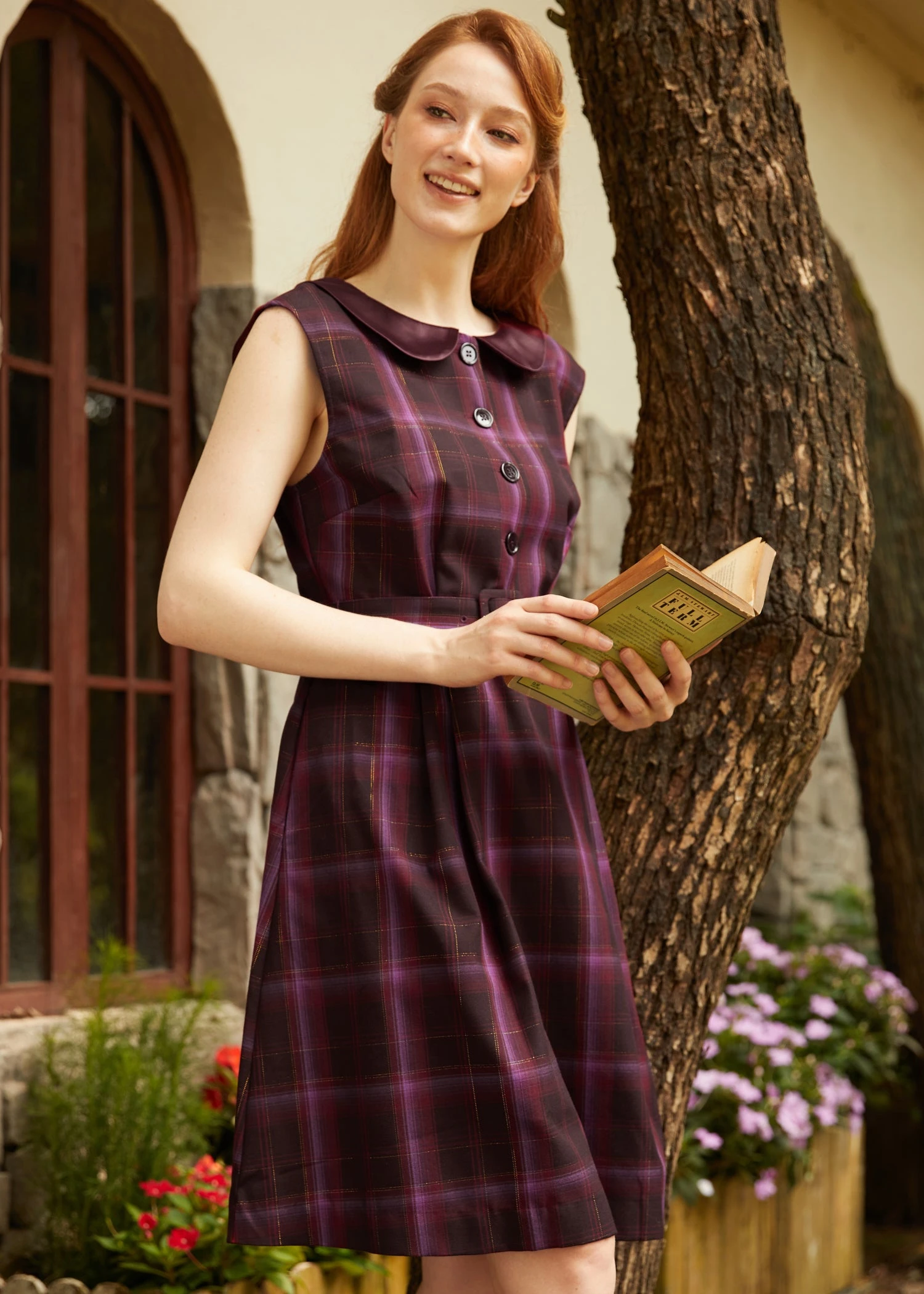 ModCloth Swirly Twirly Sugar Plum Plaid - Red and Burgundy Peter Pan Collar Fit and Flare Dress 4 ModCloth Swirly Twirly Sugar Plum Plaid - Red and Burgundy Peter Pan Collar Fit and Flare Dress - Image 2