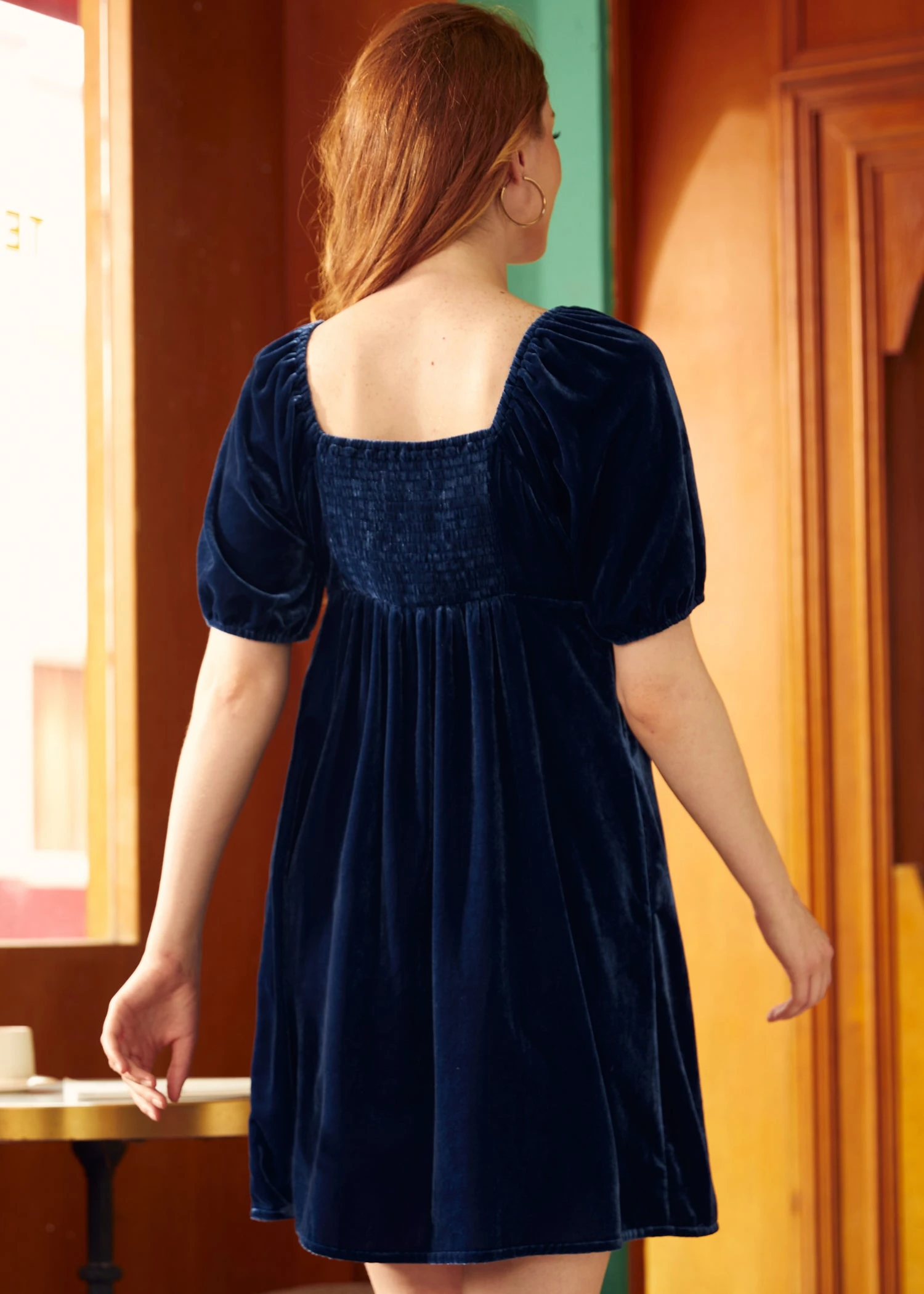 Navy Blue Velvet Babydoll Dress – Sweetheart Neck & Puff Sleeve Retro Mini 7 Navy Blue Velvet Babydoll Dress – Sweetheart Neck & Puff Sleeve Retro Mini - Image 5