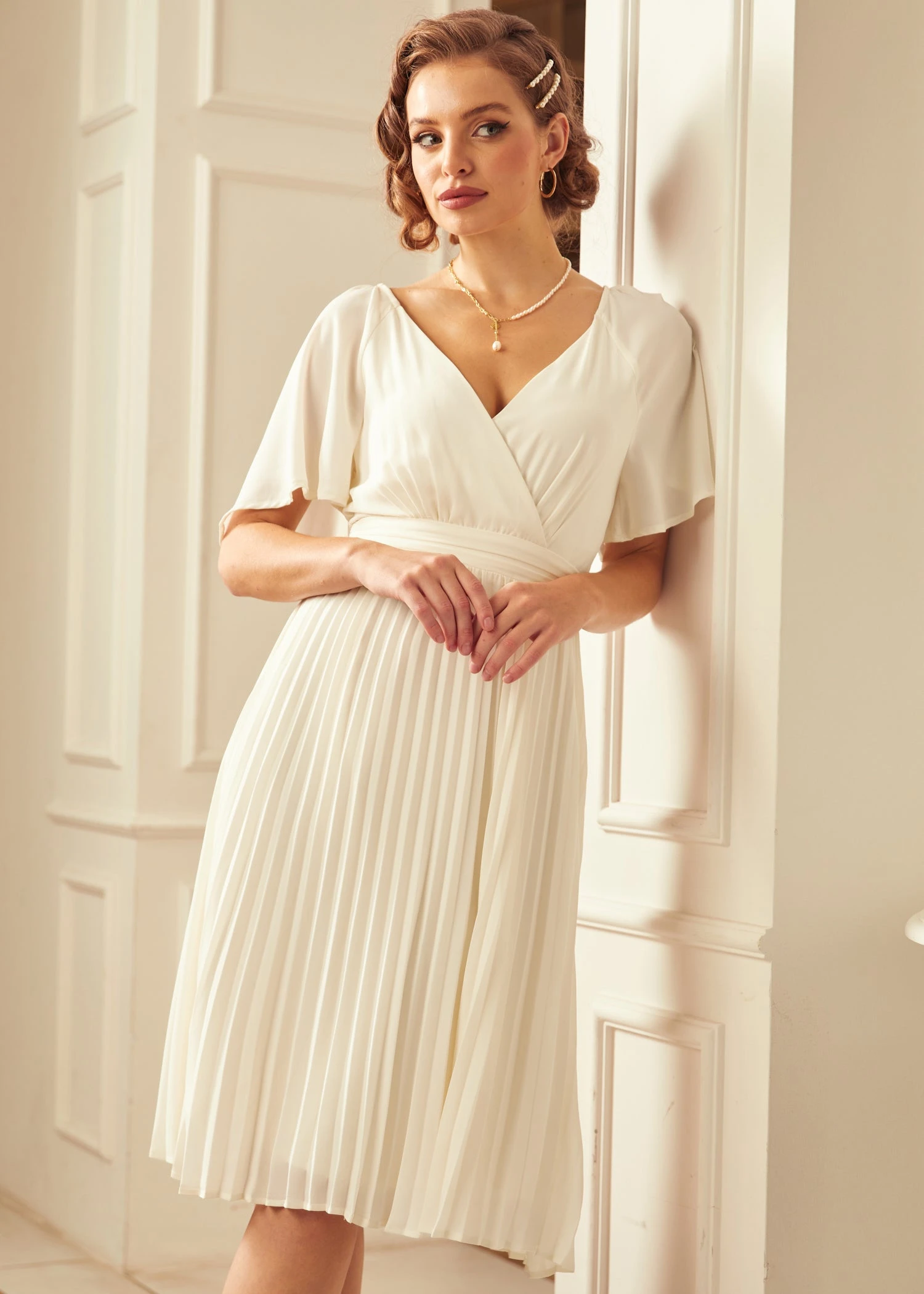 ModCloth White Pleated Elevated In Love – Flutter Sleeve A-Line Midi Dress 3 ModCloth White Pleated Elevated In Love – Flutter Sleeve A-Line Midi Dress