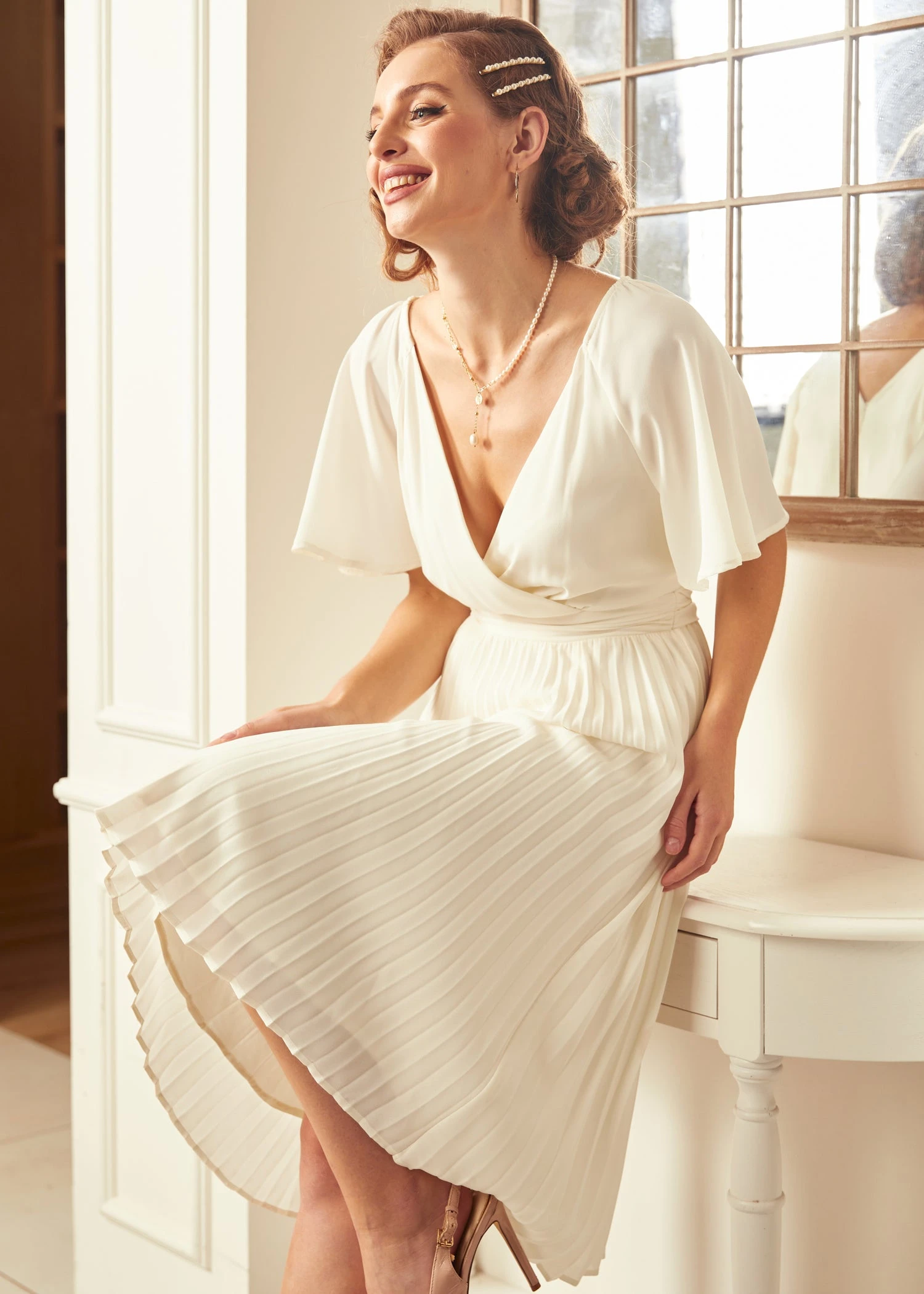 ModCloth White Pleated Elevated In Love – Flutter Sleeve A-Line Midi Dress 8 ModCloth White Pleated Elevated In Love – Flutter Sleeve A-Line Midi Dress - Image 6