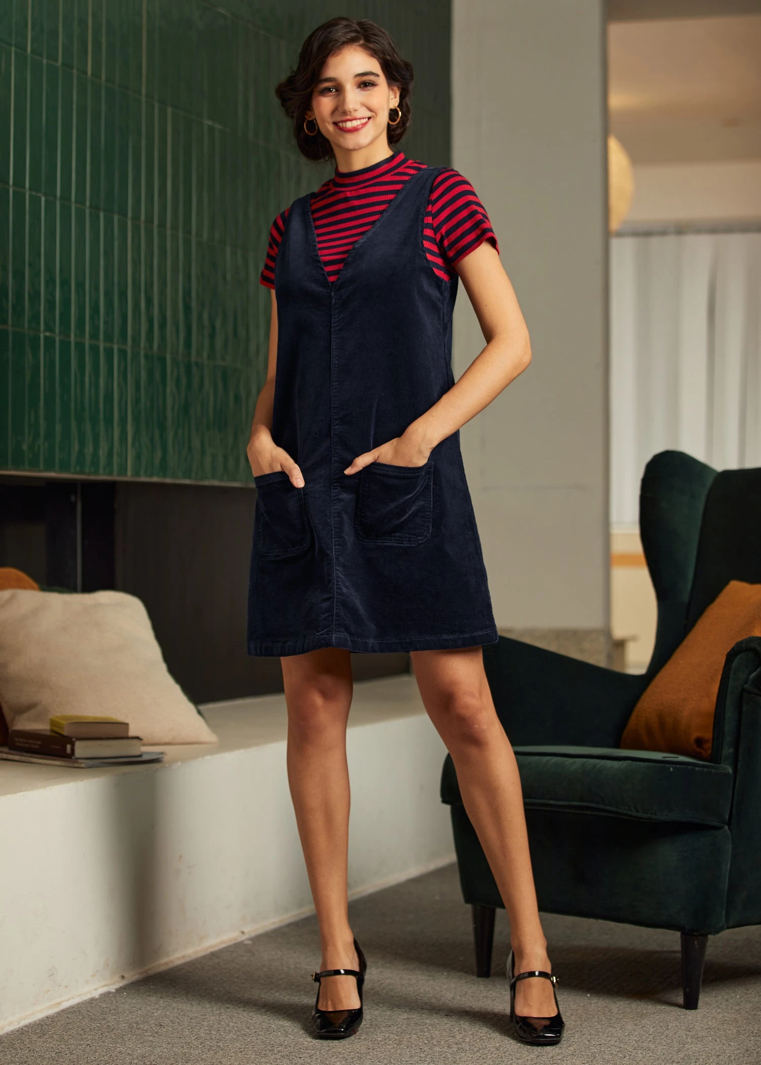 Retro Radiance V-Neck Corduroy Dress 4 Retro Radiance V-Neck Corduroy Dress - Image 2