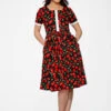 Orchid Bloom Black & Red Cherry Print - Retro Swing Silhouette Midi Dress with Pockets -ModCloth 20250BlackRedCherryDress 2