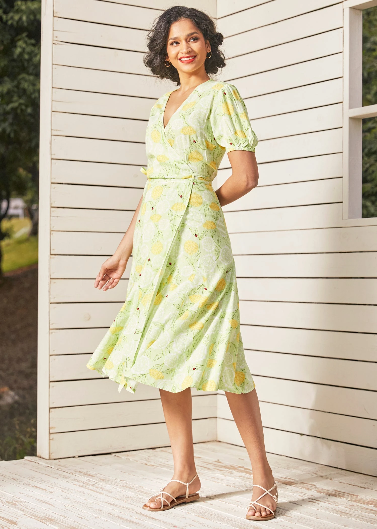 Let The Sun Shine Spring Green Dandelion & Ladybug Print - Retro Puff Sleeve Wrap Midi Dress 3 Let The Sun Shine Spring Green Dandelion & Ladybug Print - Retro Puff Sleeve Wrap Midi Dress