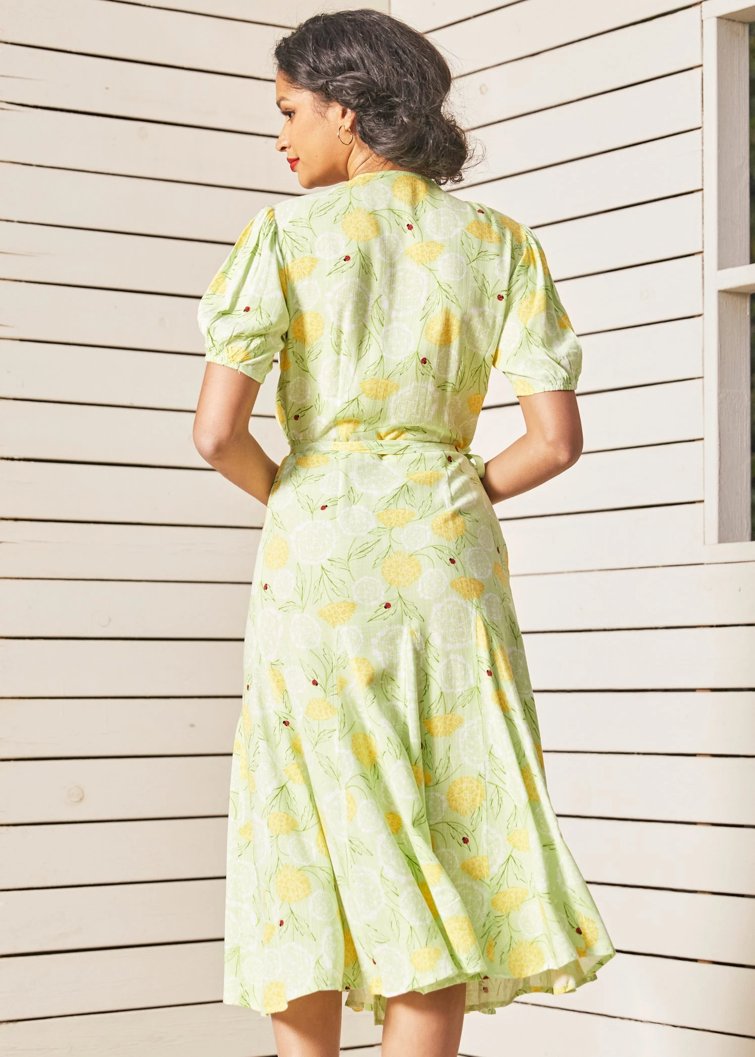 Let The Sun Shine Spring Green Dandelion & Ladybug Print - Retro Puff Sleeve Wrap Midi Dress 5 Let The Sun Shine Spring Green Dandelion & Ladybug Print - Retro Puff Sleeve Wrap Midi Dress - Image 3