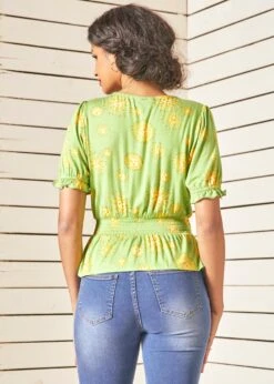 ModCloth An Affinity For Fun Lime Green Sun Print Blouse - Vintage Smocked Waist Puff Sleeve Top -ModCloth 2025 01 16ModCloth10602
