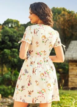 Dangerfield Kitsch Kitty Print Dress in Cream & Purple – Retro Puffy Sleeve Cotton Fit & Flare Dress -ModCloth 2025 01 16ModCloth9515