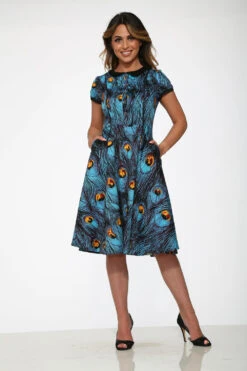 Orchid Bloom Blue Peacock Print Midi Swing Dress with Pockets -ModCloth 20360 Blue Peacock Dress 4