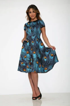 Orchid Bloom Blue Peacock Print Midi Swing Dress with Pockets -ModCloth 20360 Blue Peacock Dress 7