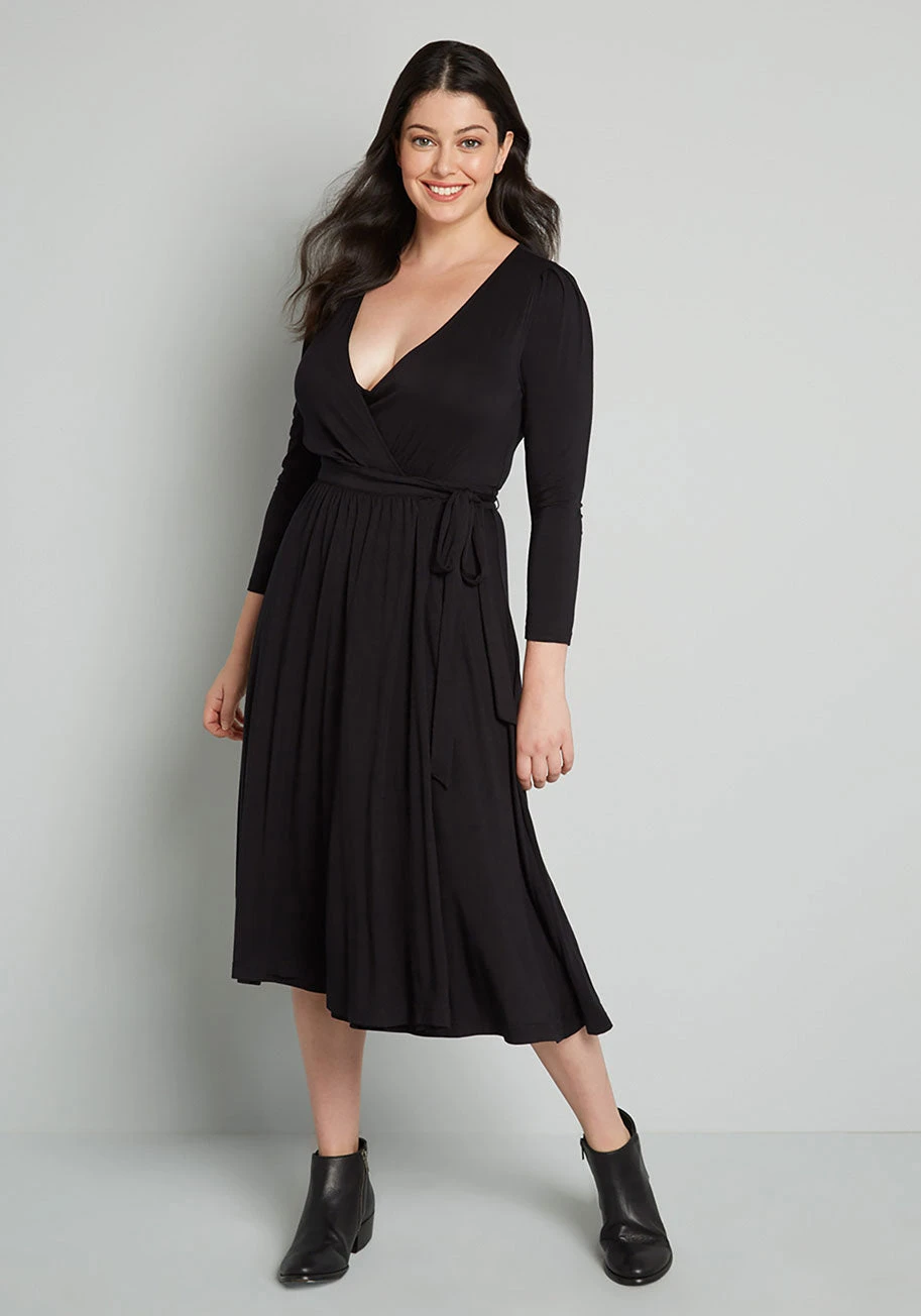 ModCloth Namesake Black 3/4 Sleeve This Is My Moment Midi Wrap Dress 3 ModCloth Namesake Black 3/4 Sleeve This Is My Moment Midi Wrap Dress