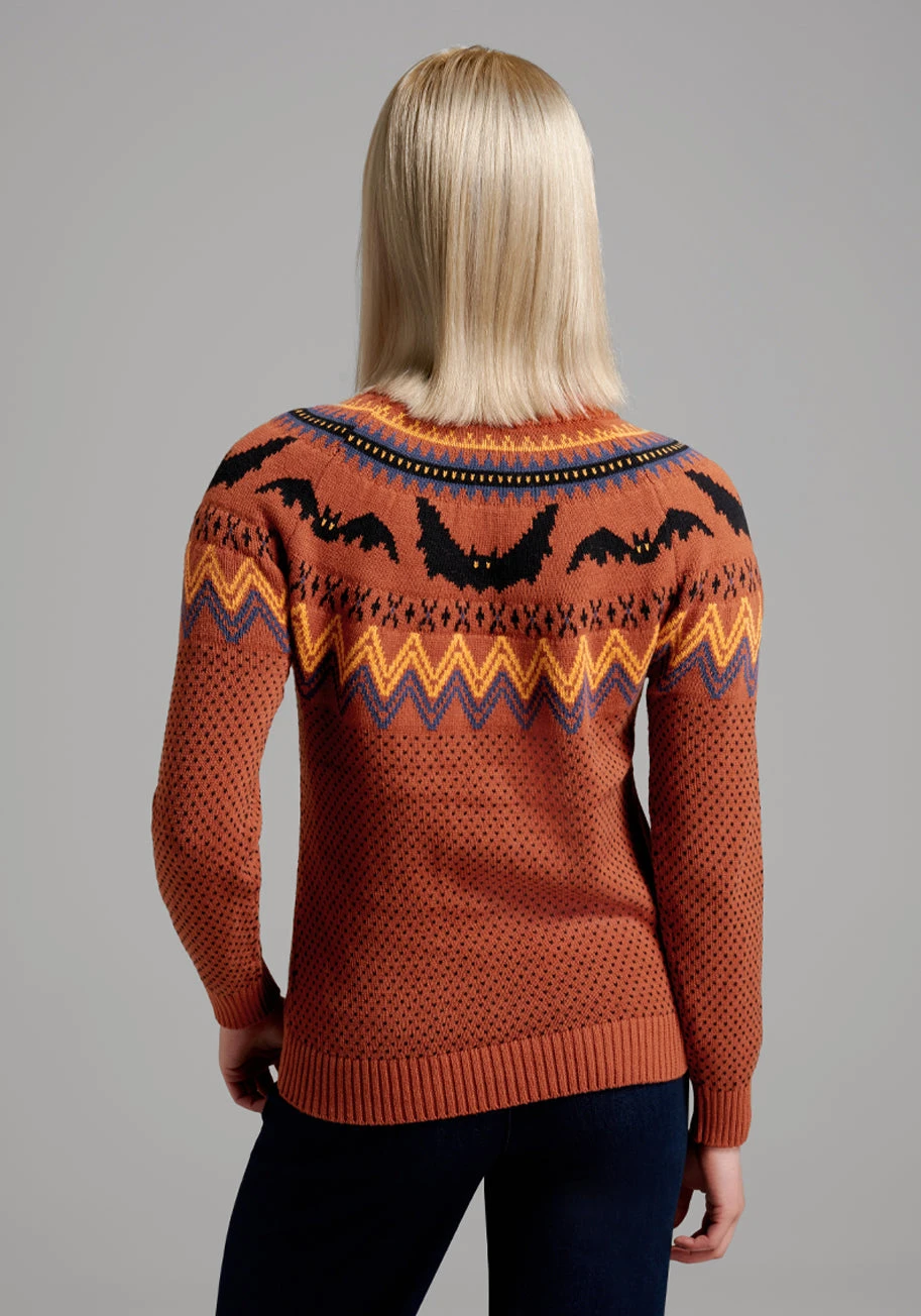 ModCloth Rust & Black Bat Fair Isle Sweater - Crew Neck Cotton Knit Pullover 4 ModCloth Rust & Black Bat Fair Isle Sweater - Crew Neck Cotton Knit Pullover - Image 2