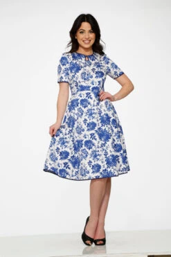 Orchid Bloom White & Blue China Doll Porcelain Print – Vintage Midi Swing Dress with Pockets -ModCloth 20560 White Blue Floral Dress 7