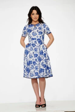 Orchid Bloom White & Blue China Doll Porcelain Print – Vintage Midi Swing Dress with Pockets -ModCloth 20560 White Blue Floral Dress 8