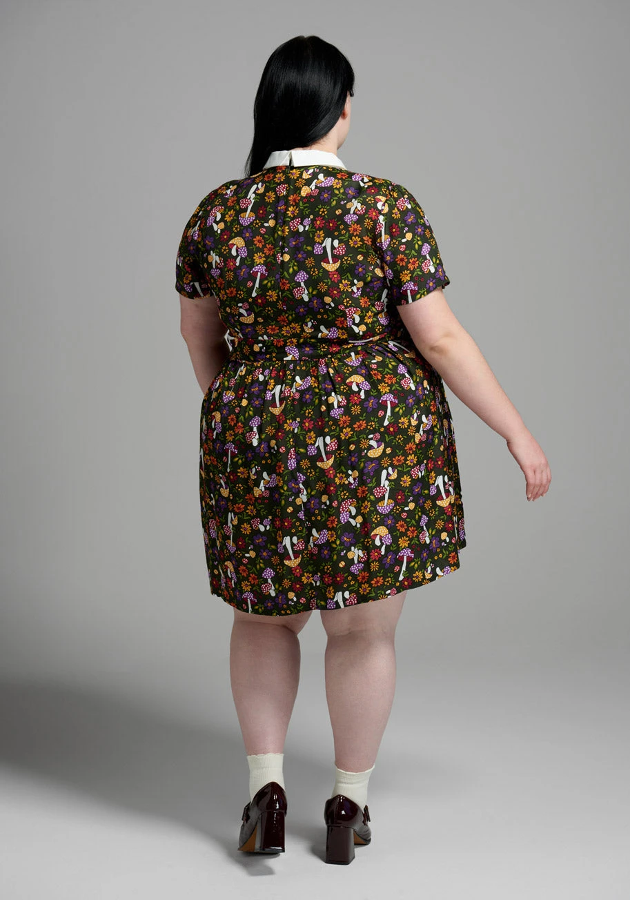 Yes, Darling Moss Green Mushroom Print Fit and Flare Dress – 70s Vintage Mini with Contrast Collar 9 Yes, Darling Moss Green Mushroom Print Fit and Flare Dress – 70s Vintage Mini with Contrast Collar - Image 7