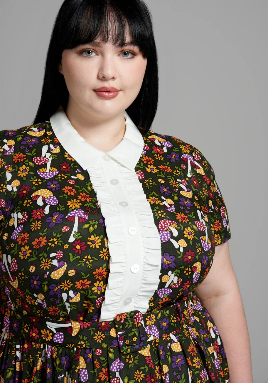 Yes, Darling Moss Green Mushroom Print Fit and Flare Dress – 70s Vintage Mini with Contrast Collar 10 Yes, Darling Moss Green Mushroom Print Fit and Flare Dress – 70s Vintage Mini with Contrast Collar - Image 8