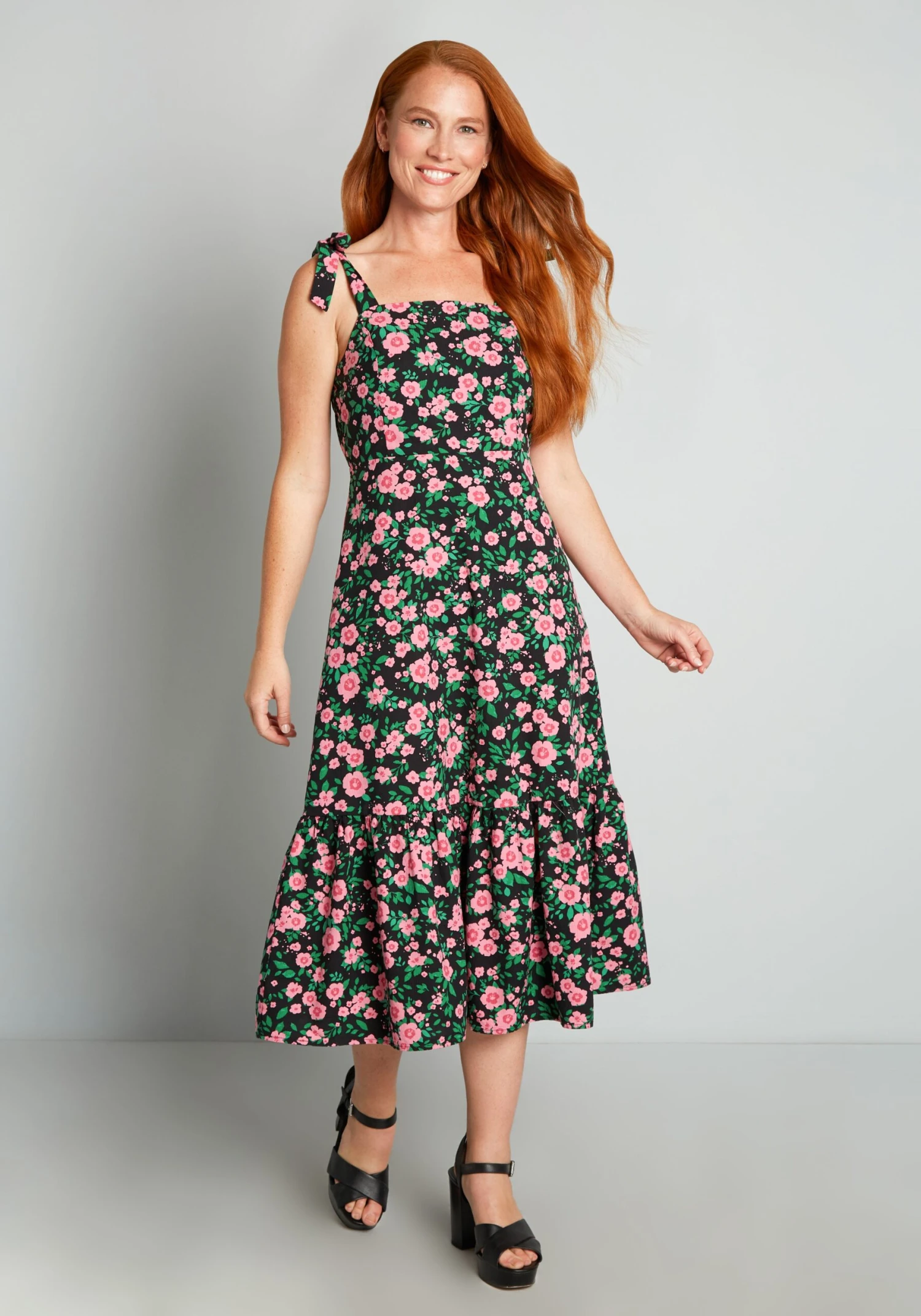 Princess Highway Black Pink Floral Ka-Bloom! – Retro Cottagecore Tie-Strap Midi Dress 3 Princess Highway Black Pink Floral Ka-Bloom! – Retro Cottagecore Tie-Strap Midi Dress