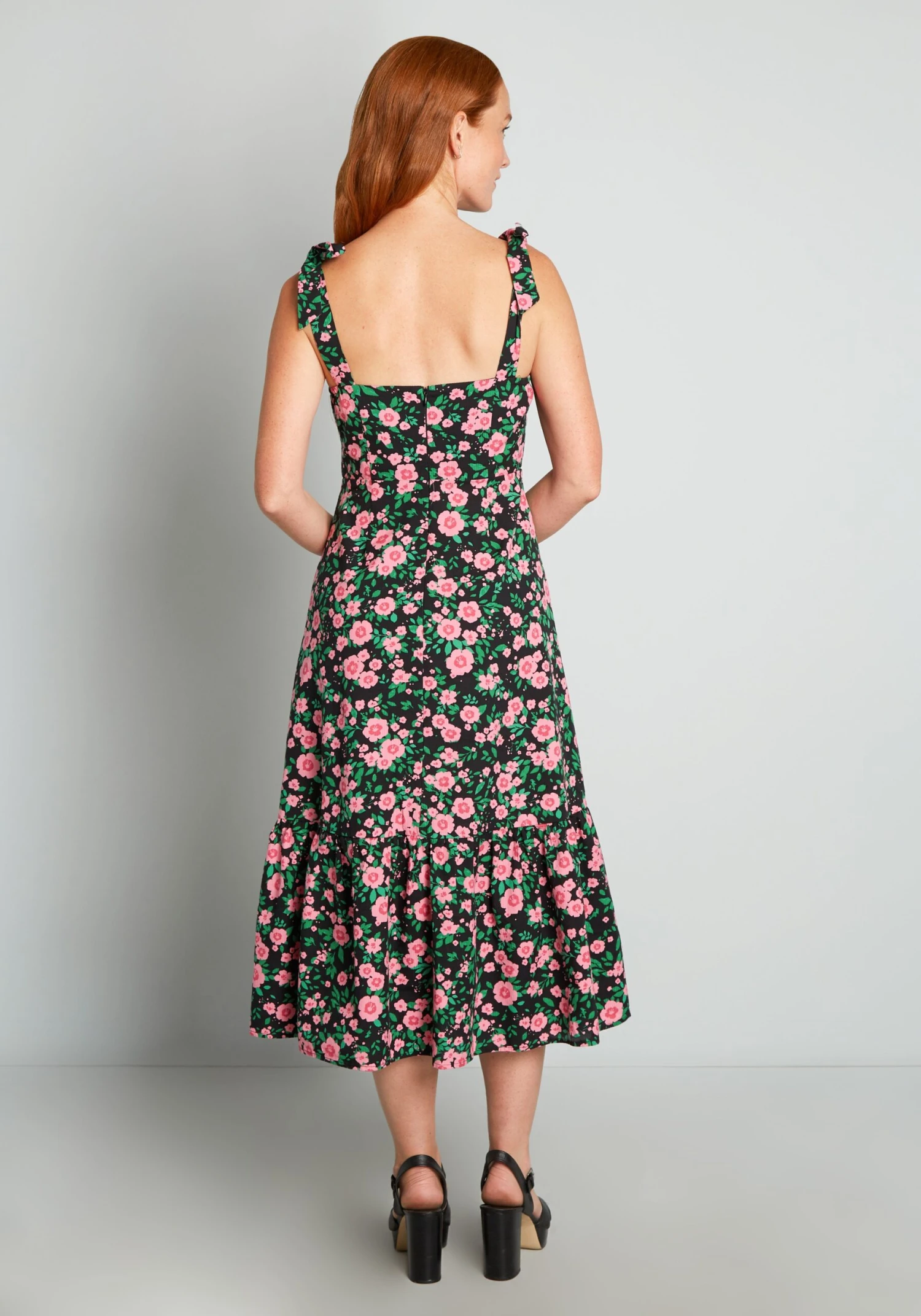 Princess Highway Black Pink Floral Ka-Bloom! – Retro Cottagecore Tie-Strap Midi Dress 4 Princess Highway Black Pink Floral Ka-Bloom! – Retro Cottagecore Tie-Strap Midi Dress - Image 2