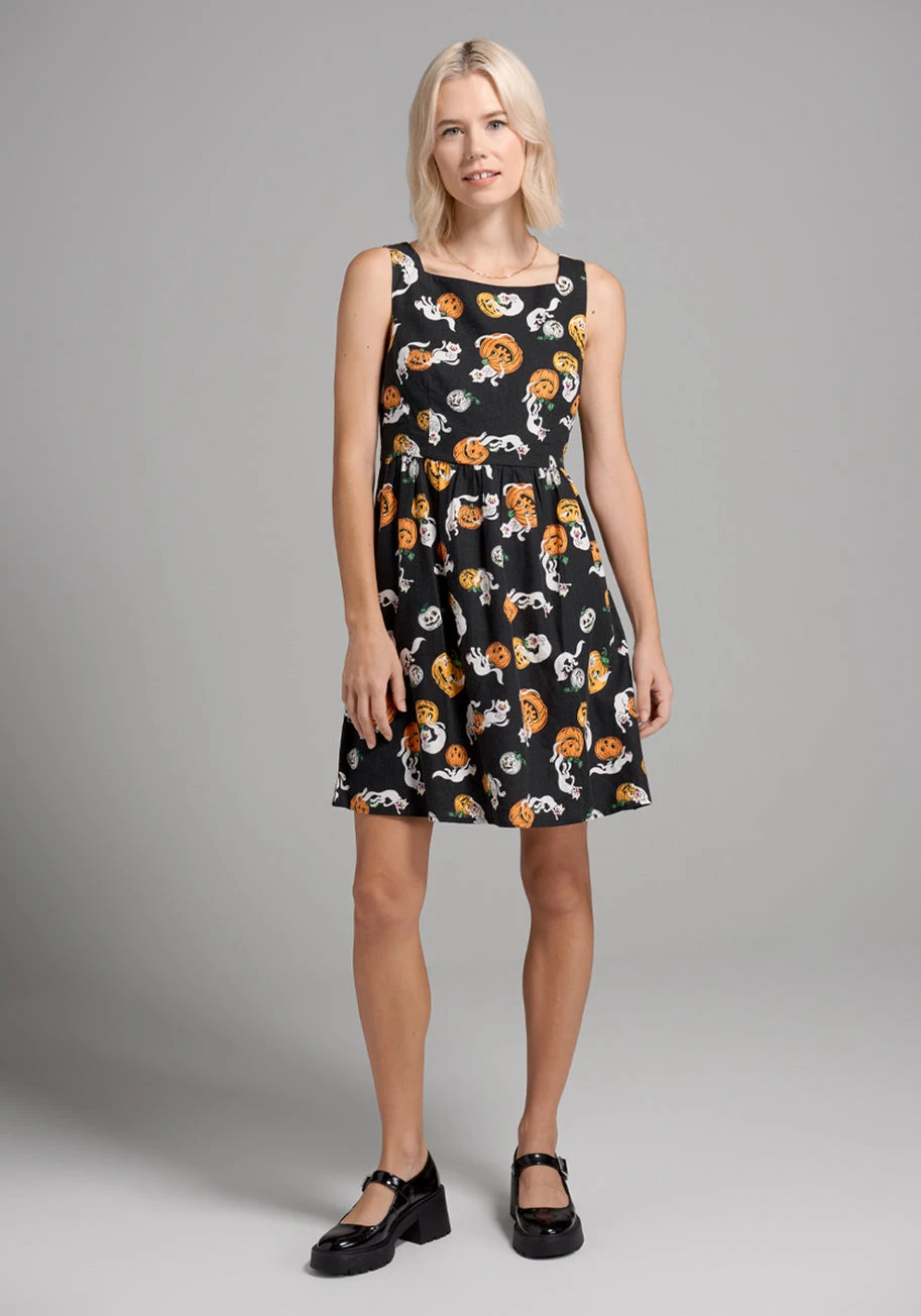ModCloth Black Truth Or Square Fit And Flare Dress – Spooky Cat & Jack-O-Lantern Print 4 ModCloth Black Truth Or Square Fit And Flare Dress – Spooky Cat & Jack-O-Lantern Print - Image 2