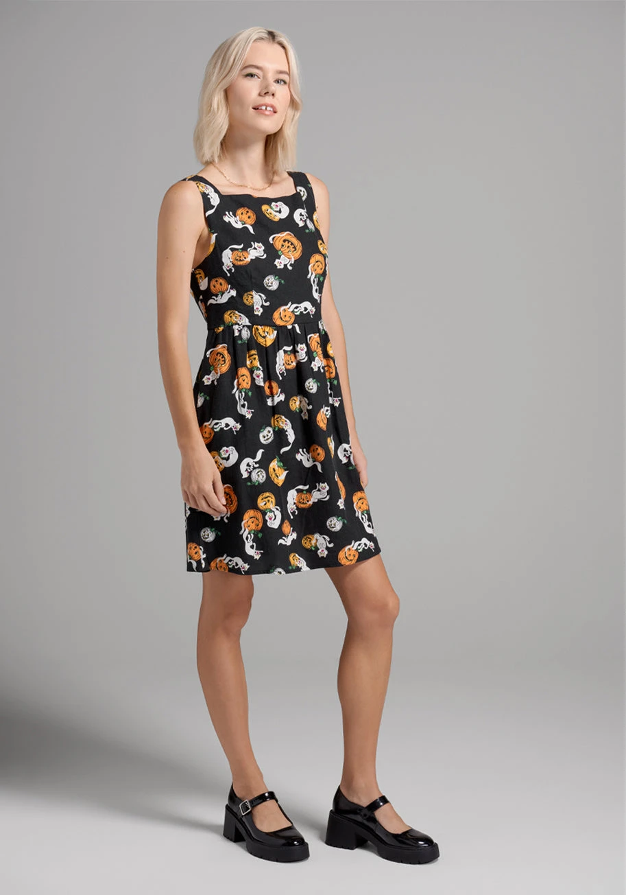 ModCloth Black Truth Or Square Fit And Flare Dress – Spooky Cat & Jack-O-Lantern Print 5 ModCloth Black Truth Or Square Fit And Flare Dress – Spooky Cat & Jack-O-Lantern Print - Image 3