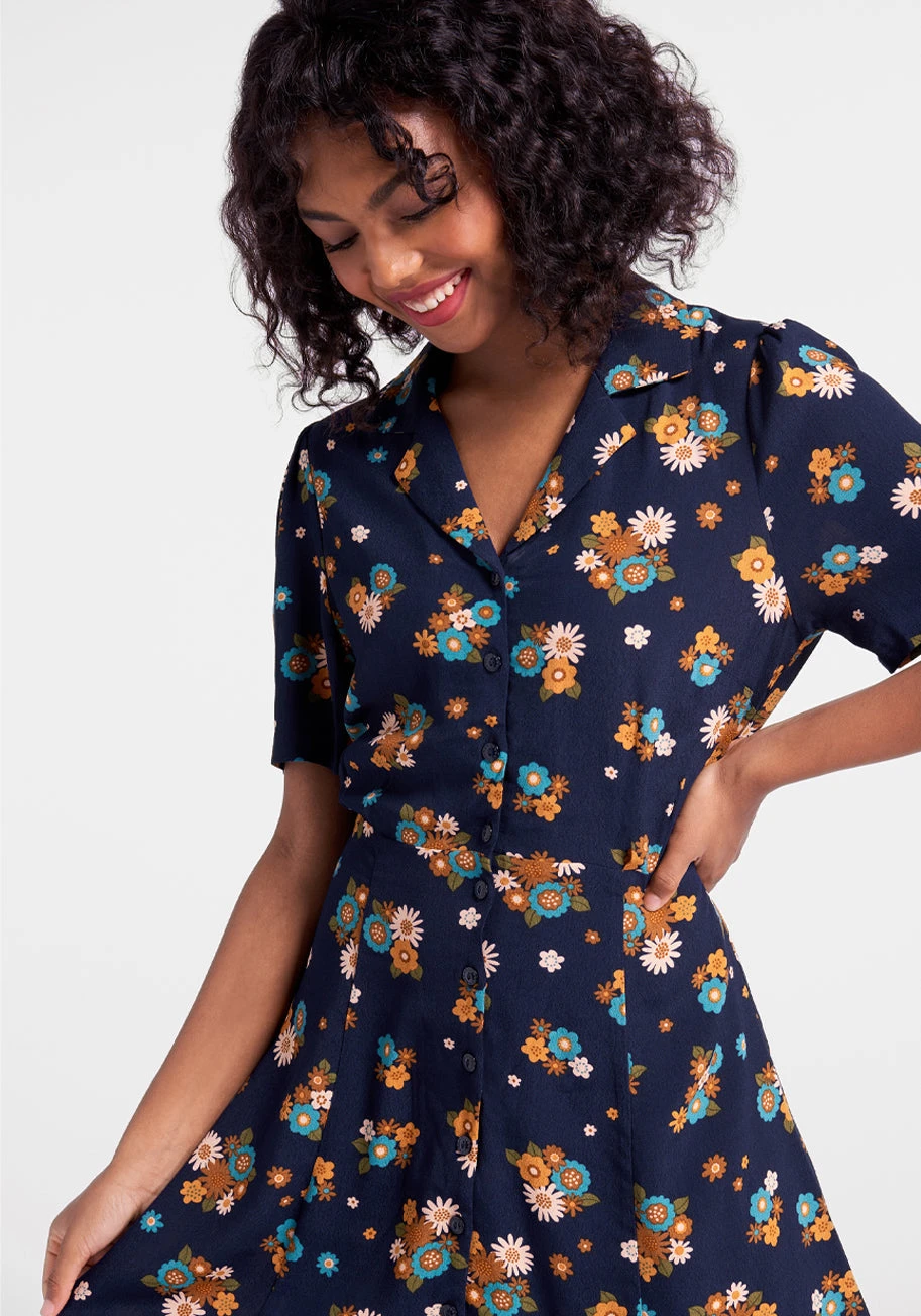 Princess Highway Navy Blue Floral Shirtdress – Retro 70s Style A-Line Fit & Flare 5 Princess Highway Navy Blue Floral Shirtdress – Retro 70s Style A-Line Fit & Flare - Image 3
