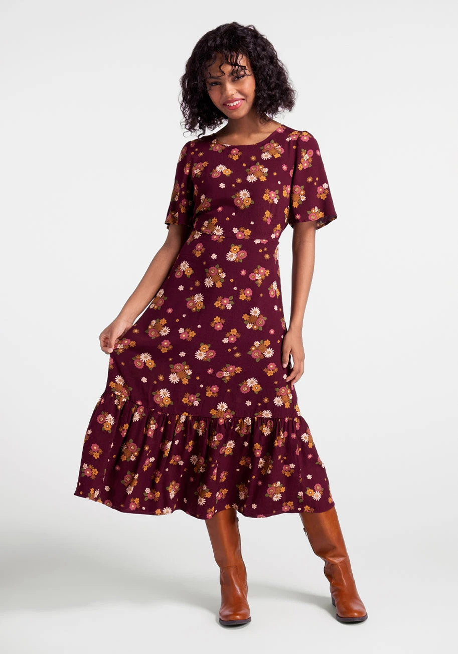 Princess Highway Plummy Red Autumnal Bouquets Midi Dress – 70s-Inspired Tiered Floral Dress 3 Princess Highway Plummy Red Autumnal Bouquets Midi Dress – 70s-Inspired Tiered Floral Dress