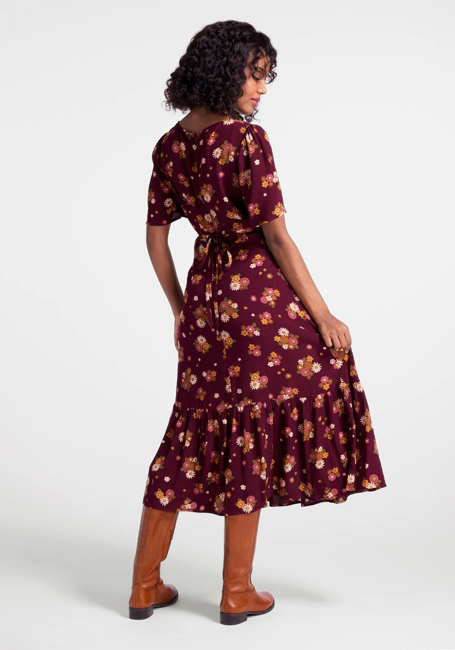 Princess Highway Plummy Red Autumnal Bouquets Midi Dress – 70s-Inspired Tiered Floral Dress 4 Princess Highway Plummy Red Autumnal Bouquets Midi Dress – 70s-Inspired Tiered Floral Dress - Image 2