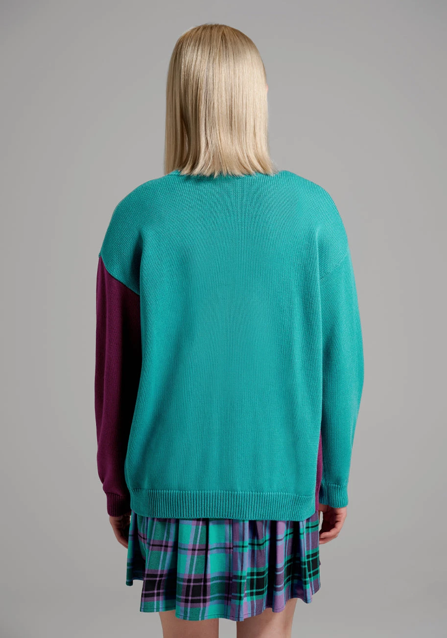 Dangerfield Switch It Up Teal and Plum Colorblock – Asymmetrical V-Neck Button-Up Cardigan 4 Dangerfield Switch It Up Teal and Plum Colorblock – Asymmetrical V-Neck Button-Up Cardigan - Image 2