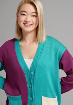 Dangerfield Switch It Up Teal and Plum Colorblock – Asymmetrical V-Neck Button-Up Cardigan 7 Dangerfield Switch It Up Teal and Plum Colorblock – Asymmetrical V-Neck Button-Up Cardigan -ModCloth 206266 multi 3