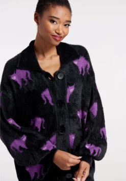 Dangerfield Black with Purple Cat Motif – Plush Eyelash Knit Oversized Cardigan -ModCloth 206267 blk 4 9f436430 3873 4d56 972d 21d739ef36c3