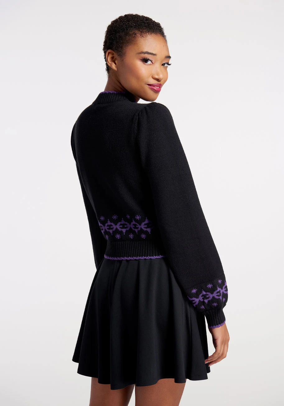 Dangerfield Don't Make Me Mad Black & Purple Cat Graphic Mock Neck Cropped Sweater 4 Dangerfield Don't Make Me Mad Black & Purple Cat Graphic Mock Neck Cropped Sweater - Image 2