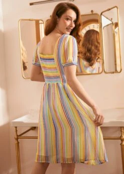 ModCloth Love Charm Rainbow Stripe Fit and Flare Dress – Sweetheart Neckline Puff Sleeve Vintage Style -ModCloth 206331 3