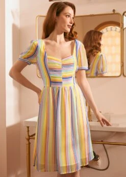 ModCloth Love Charm Rainbow Stripe Fit and Flare Dress – Sweetheart Neckline Puff Sleeve Vintage Style -ModCloth 206331 6