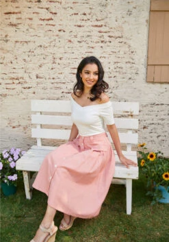 Effortless Feature A-Line Skirt -ModCloth 206343 peach chambray 4